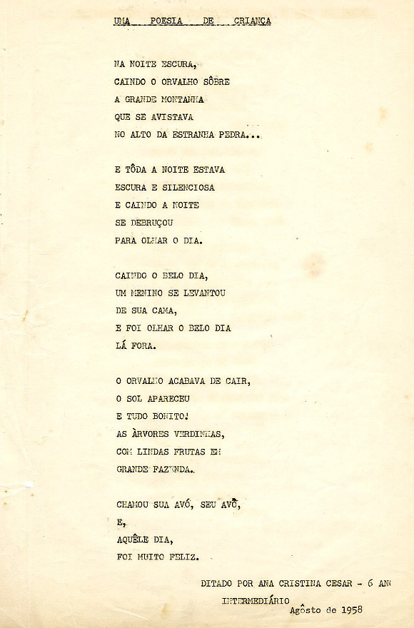 Poema datilografado de Ana Cristina Cesar, em agosto de 1958. (Arquivo Instituto Moreira Salles)