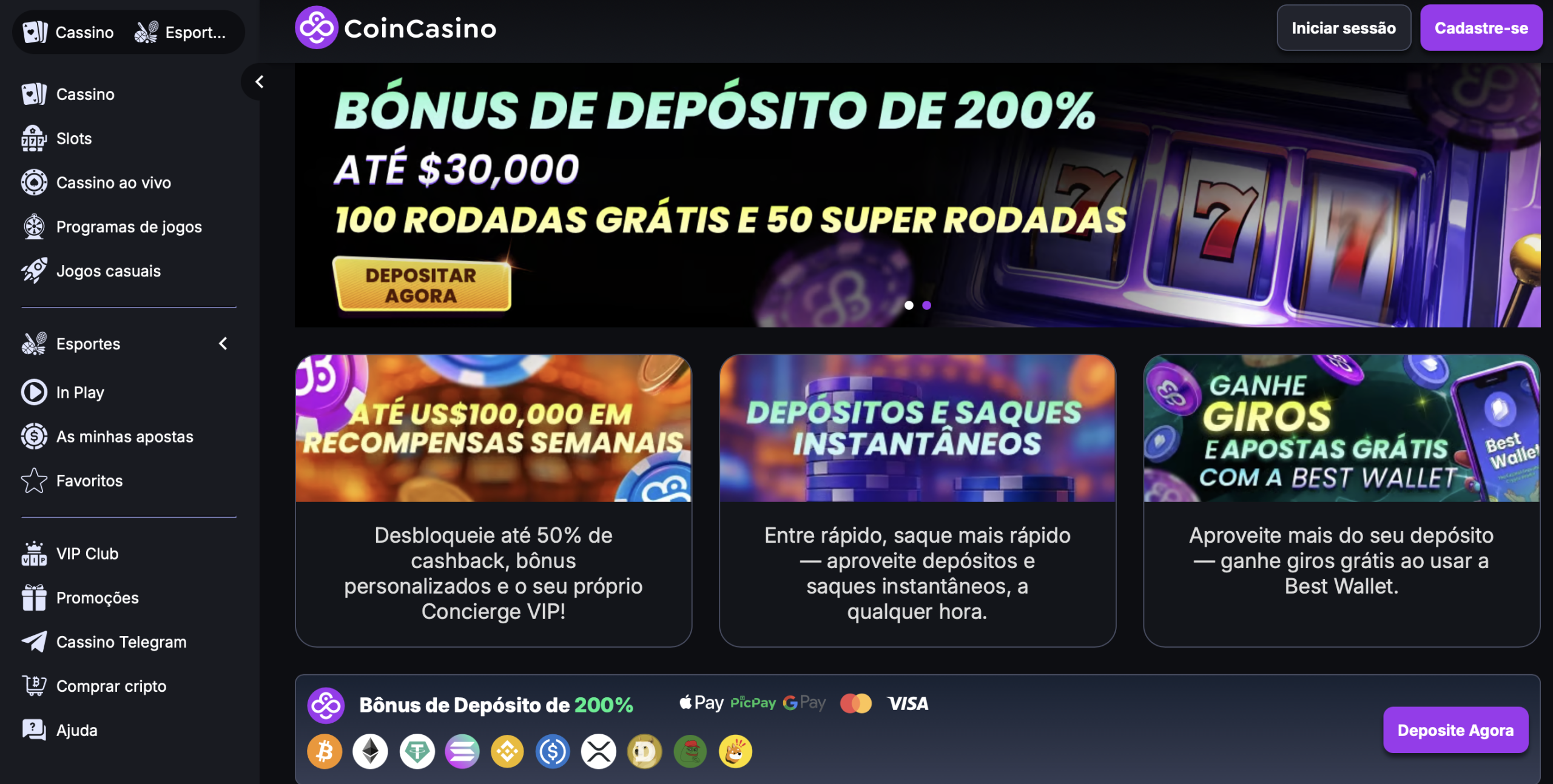 CoinCasino - Bônus de 200% e Suporte a Reais Brasileiros para um Cassino Online Completo